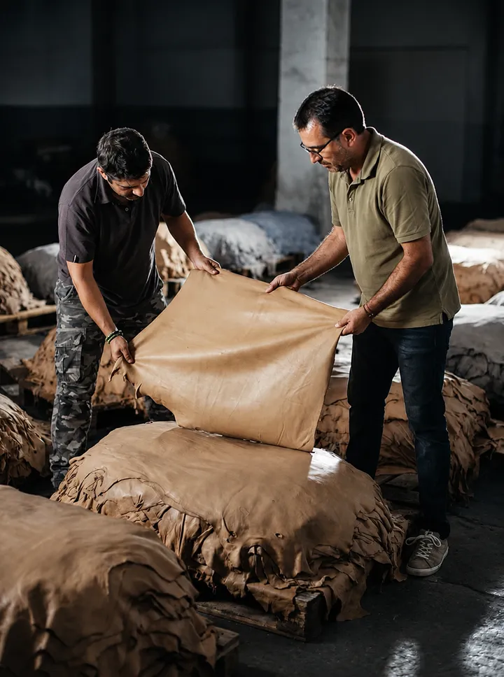 Raw leather hides being inspected and prepared at the LiderDeri tannery